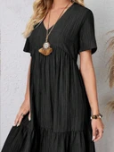 Kadın Kısa Kollu V Yakalı Fırfırlı Bürümcük Elbise thumbnail 2