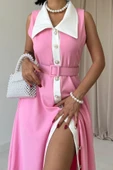 Pembe Geniş Yakalı Halter Kollu Elbise thumbnail 3