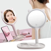 BUFFER® Kedi Kulaklı Telefon Standlı Yuvarlak Dokunmatik Led Ayarlı Masa Üstü Makyaj Aynası thumbnail 1