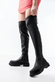 812-2194 Siyah Fermuarlı Diz Üstü Bağcıklı Çorap Günlük Kadın Çizme thumbnail 2
