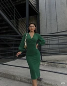 Kadın Kruvaze Yaka Balon Kol Simli Krep Kumaş Midi Boy Elbise thumbnail 3