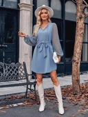 Kadın Uzun Kollu Yakadan Bağcıklı Belden Kuşaklı Ithal Krep Elbise thumbnail 1