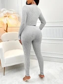 Kadın Uzun Kollu Straplez şardonlu Kaşkorse Bluz önü Düğmeli Ceket Ve Tayt Pantolonlu üçlü Takım thumbnail 5