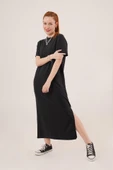 Yırtmaç Detaylı Kısa Kollu Salaş Maxi Siyah Elbise thumbnail 1