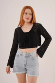 Ön Bağlamalı Ajurlu Crop Siyah Hırka - 1