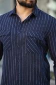 Erkek Pamuklu Çizgi Desenli Cep Detaylı Gömlek thumbnail 3
