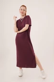 Yırtmaç Detaylı Kısa Kollu Salaş Maxi Bordo Elbise thumbnail 5