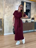 Kadın Kısa Kollu Bisiklet Yaka Yandan Bağlamalı Viskon Iki Iplik Elbise thumbnail 4