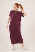 Yırtmaç Detaylı Kısa Kollu Salaş Maxi Bordo Elbise thumbnail 4