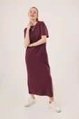 Yırtmaç Detaylı Kısa Kollu Salaş Maxi Bordo Elbise thumbnail 7