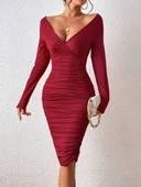 Kadın Uzun Kollu Derin Kruvaze Yakalı Büzgülü Sandy Midi Elbise thumbnail 1