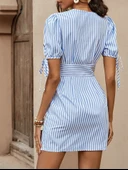 Kadın Kısa Bağcıklı Kol Kruvaze Yaka önden Düğmeli Kısa Poplin Elbise thumbnail 4