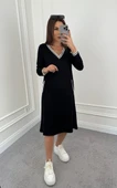 Kadın Uzun Kollu V Yakalı şerit Detaylı Cepli Midi Viskon Iki Iplik Elbise thumbnail 5