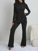 Kadın Uzun Kollu Yuvarlak Yaka Yandan Yırtmaç Detaylı şardonlu Kaşkorse Bluz Ve Pantolon Ikili Takım thumbnail 3