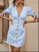 Kadın Kısa Bağcıklı Kol Kruvaze Yaka önden Düğmeli Kısa Poplin Elbise thumbnail 3