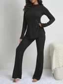 Kadın Uzun Kollu Yuvarlak Yaka Yandan Yırtmaç Detaylı şardonlu Kaşkorse Bluz Ve Pantolon Ikili Takım thumbnail 5