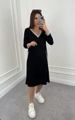 Kadın Uzun Kollu V Yakalı şerit Detaylı Cepli Midi Viskon Iki Iplik Elbise thumbnail 8