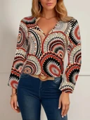 Kadın Uzun Kollu V Yakalı Desenli Süprem Bluz thumbnail 2