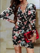 Kadın Uzun Kollu Kruvaze Yaka ön Kısım Büzgülü Dalgıç Mini Boy Elbise thumbnail 5