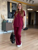 Kadın Kısa Kollu Bisiklet Yaka Viskon Iki Iplik Bluz Ve Pantolon Ikili Takım thumbnail 2