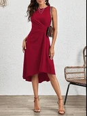 Kadın Sıfır Kollu Bisiklet Yaka Büzgülü Asimetrik Kesim Detaylı Janjan Krep Elbise thumbnail 3