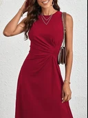 Kadın Sıfır Kollu Bisiklet Yaka Büzgülü Asimetrik Kesim Detaylı Janjan Krep Elbise thumbnail 6