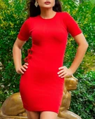 Kadın Kırmızı Kısa Kol Bel Detay Kaşkorse Elbise thumbnail 5