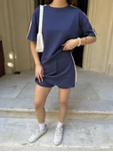 Osy Modal Yumuşak Dokulu Kumaş Parçalı Bisiklet Yaka T-shirt Mini Şortlu Etek İkili Takım -Lacivert thumbnail 3