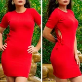 Kadın Kırmızı Kısa Kol Bel Detay Kaşkorse Elbise thumbnail 4