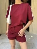 Osy Modal Yumuşak Dokulu Kumaş Parçalı Bisiklet Yaka T-shirt Mini Şortlu Etek İkili Takım -Bordo thumbnail 2