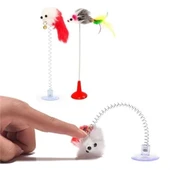 BUFFER® 2li Vantuzlu Fareli Tüylü Hareketli Çanlı ve Esneyen Eğlenceli Peluş Kedi Oyuncağı - 2