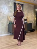 Kadın Kısa Kollu Bisiklet Yaka çift şerit Renk Detaylı Asimetrik Kesim Viskon Iki Iplik Elbise thumbnail 2