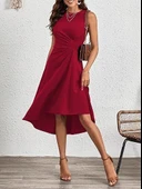 Kadın Sıfır Kollu Bisiklet Yaka Büzgülü Asimetrik Kesim Detaylı Janjan Krep Elbise thumbnail 1