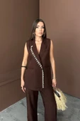 YAKA MİDYE KABUĞU SIRALI YELEK - PANTOLONTAKIM KETEN KUMAŞ - Kahverengi - 4