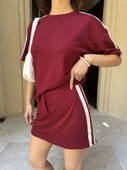 Osy Modal Yumuşak Dokulu Kumaş Parçalı Bisiklet Yaka T-shirt Mini Şortlu Etek İkili Takım -Bordo thumbnail 1