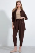 Kahverengi Oversize Keten Alt Üst Takım 6622 - 2