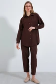 Kahverengi Oversize Keten Alt Üst Takım 6622 - 3