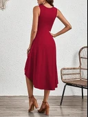 Kadın Sıfır Kollu Bisiklet Yaka Büzgülü Asimetrik Kesim Detaylı Janjan Krep Elbise thumbnail 7