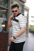 Erkek Yakalı çizgili Kısa Kollu T-shirt thumbnail 2