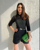 Kadın Atlas Kumaş Lazer Kesim Cep Detaylı Gömlek Yaka Tulum - 1