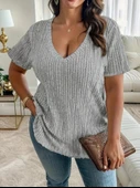 Kadın Kısa Kollu V Yaka Fitilli Kaşkorse Bluz thumbnail 3