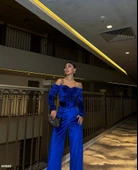 Kadın Modanna Yaka Zincir Askı Detay Kemer Dahil Kadife Kumaş Tulum thumbnail 3