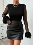 Kadın Uzun Kollu Bisiklet Yaka Kol Ağzı Katmanlı Bluz thumbnail 2