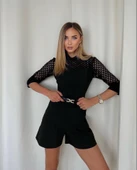 Kadın Atlas Kumaş Lazer Kesim Cep Detaylı Gömlek Yaka Tulum - 2