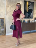 Kadın Kısa Kollu Yakadan Ve Etekten Fermuarlı Midi Viskon Iki Iplik Elbise thumbnail 2