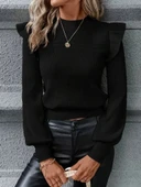 Kadın Uzun Kollu Bisiklet Yaka Omuzları Fırfırlı Triko Bluz thumbnail 6