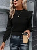Kadın Uzun Kollu Bisiklet Yaka Omuzları Fırfırlı Triko Bluz thumbnail 2
