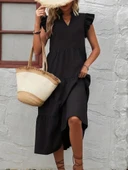 Kadın Kısa Kollu V Yakalı Geniş Kesim Uzun Trikoton Elbise thumbnail 4