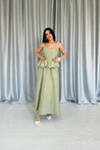 Yeşil Beli Büzgülü İnci Askılı Uzun Elbise thumbnail 1
