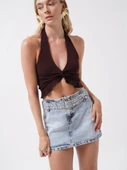 Kemer Detay Denim Mini Etek - 1